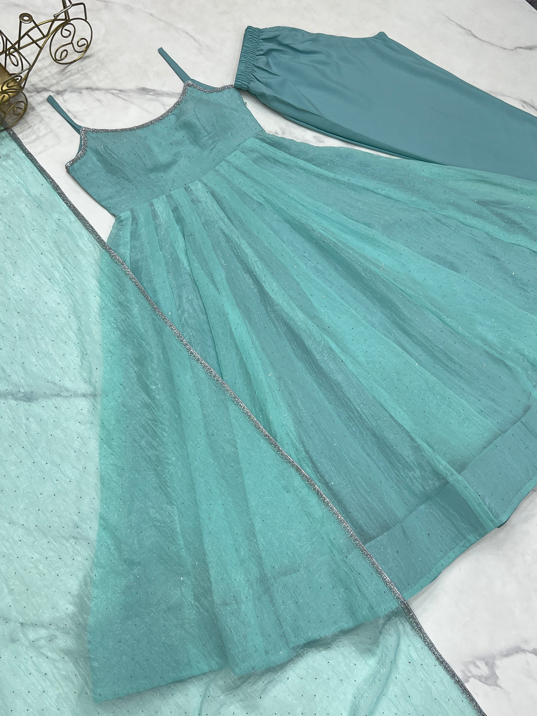 Sky Blue Crunchy Silk Sirozski Embroidered Anarkali Suit with Dupatta