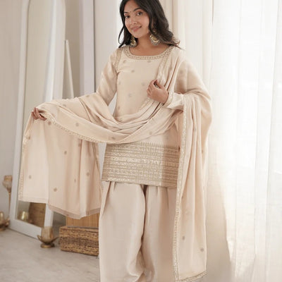 Graceful Cream Glass Roman Silk Jari Work Kurta with Designer Dupatta
