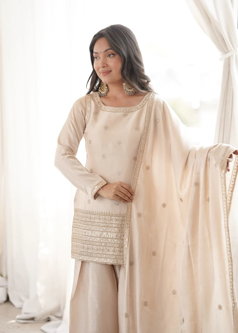 Graceful Cream Glass Roman Silk Jari Work Kurta with Designer Dupatta