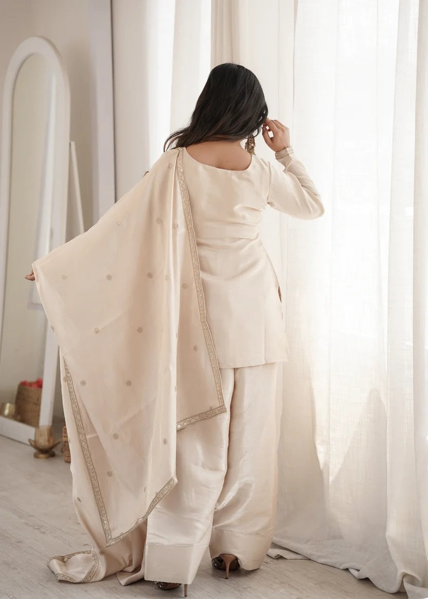Graceful Cream Glass Roman Silk Jari Work Kurta with Designer Dupatta