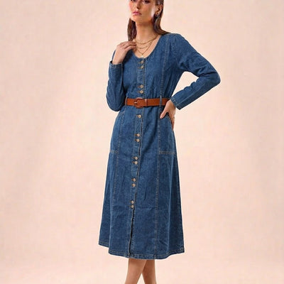 Classic Indigo Belted Denim Midi Dress