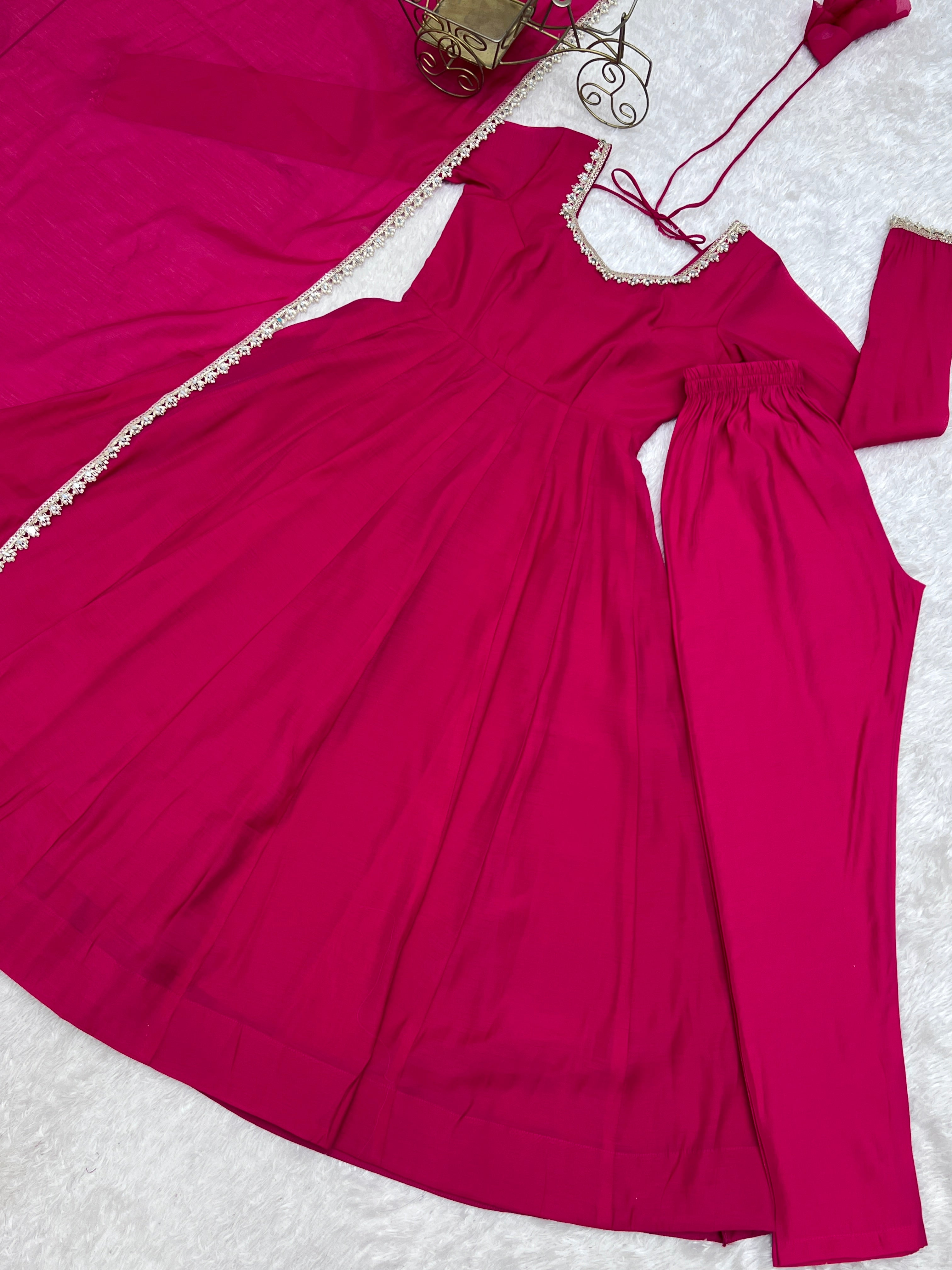 Chanderi Silk Embroidery Party Wear Anarkali Suit Set Stitched