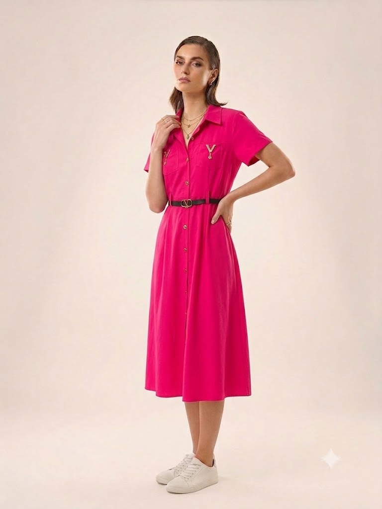 Radiant Fuchsia Belted Shirt Dress