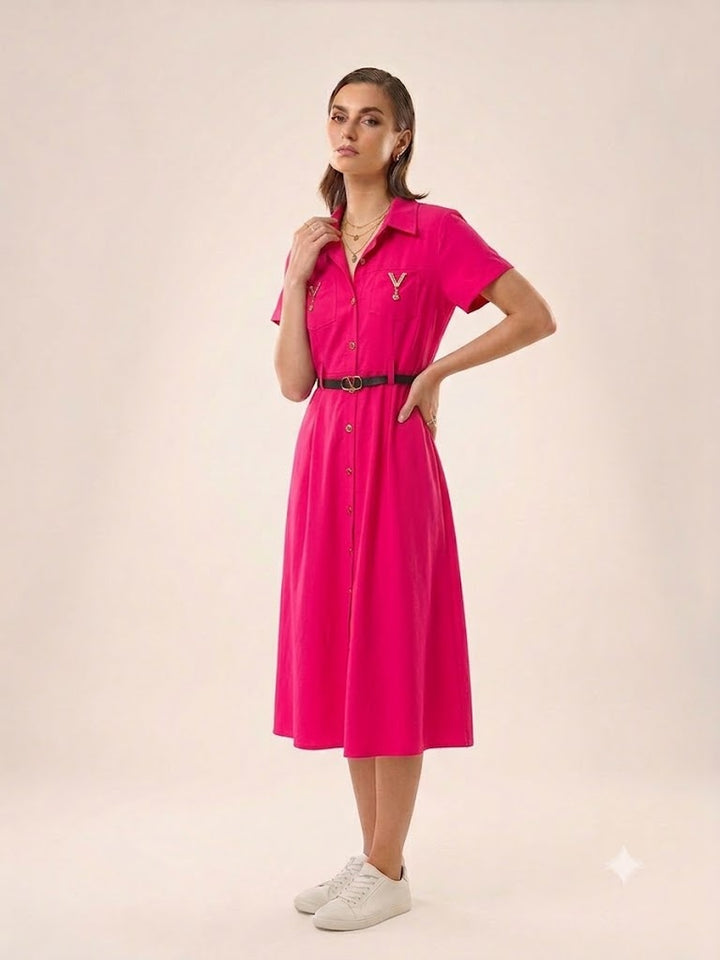 Radiant Fuchsia Belted Shirt Dress