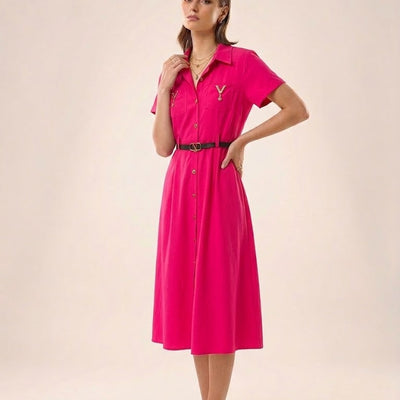 Radiant Fuchsia Belted Shirt Dress