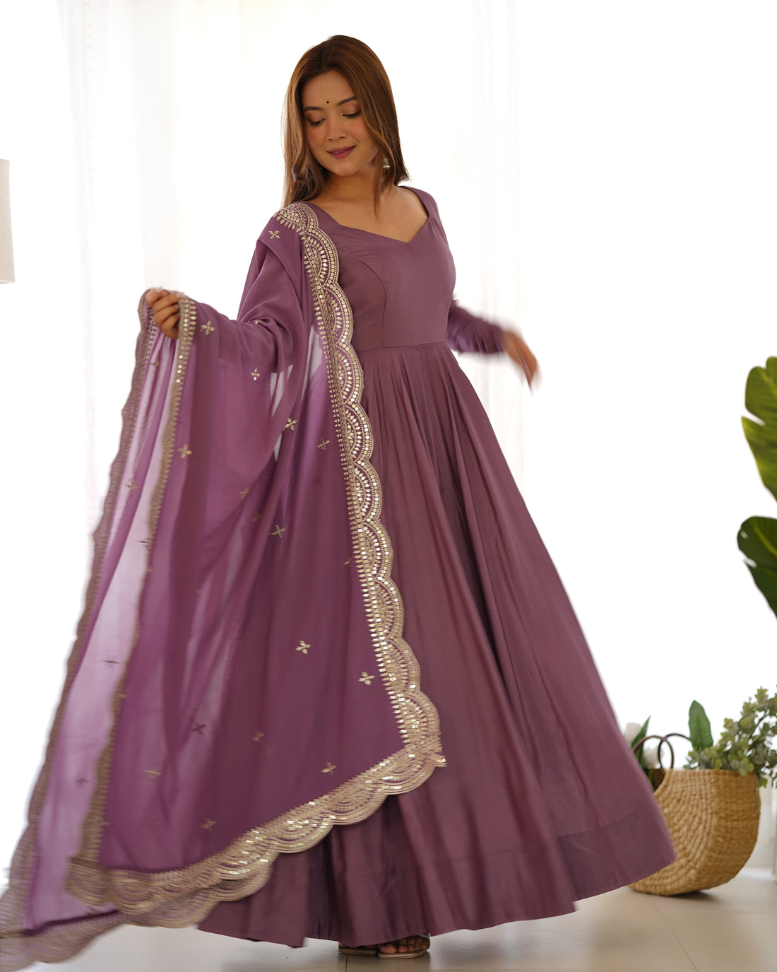 Pure Roman Silk Chanderi Anarkali Gown Set with Dupatta