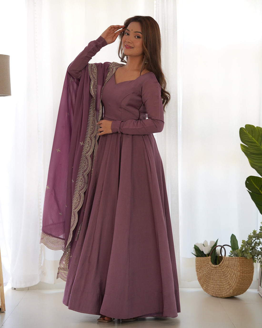 Pure Roman Silk Chanderi Anarkali Gown Set with Dupatta