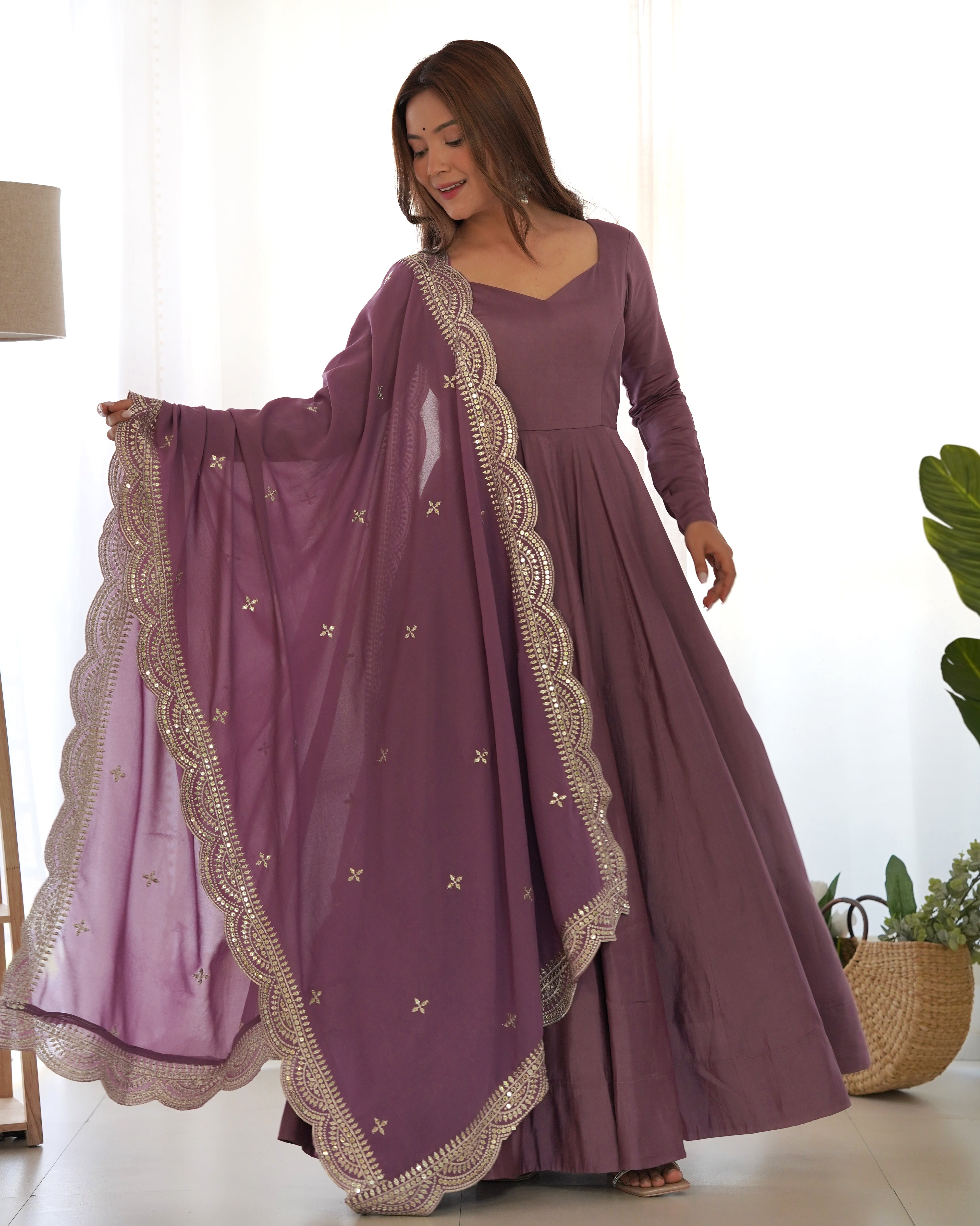Pure Roman Silk Chanderi Anarkali Gown Set with Dupatta