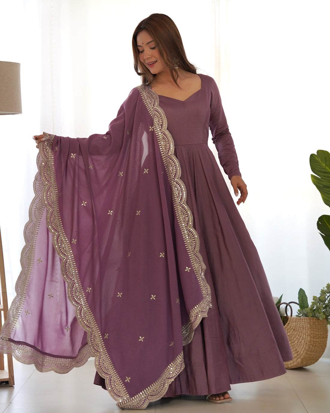 Pure Roman Silk Chanderi Anarkali Gown Set with Dupatta
