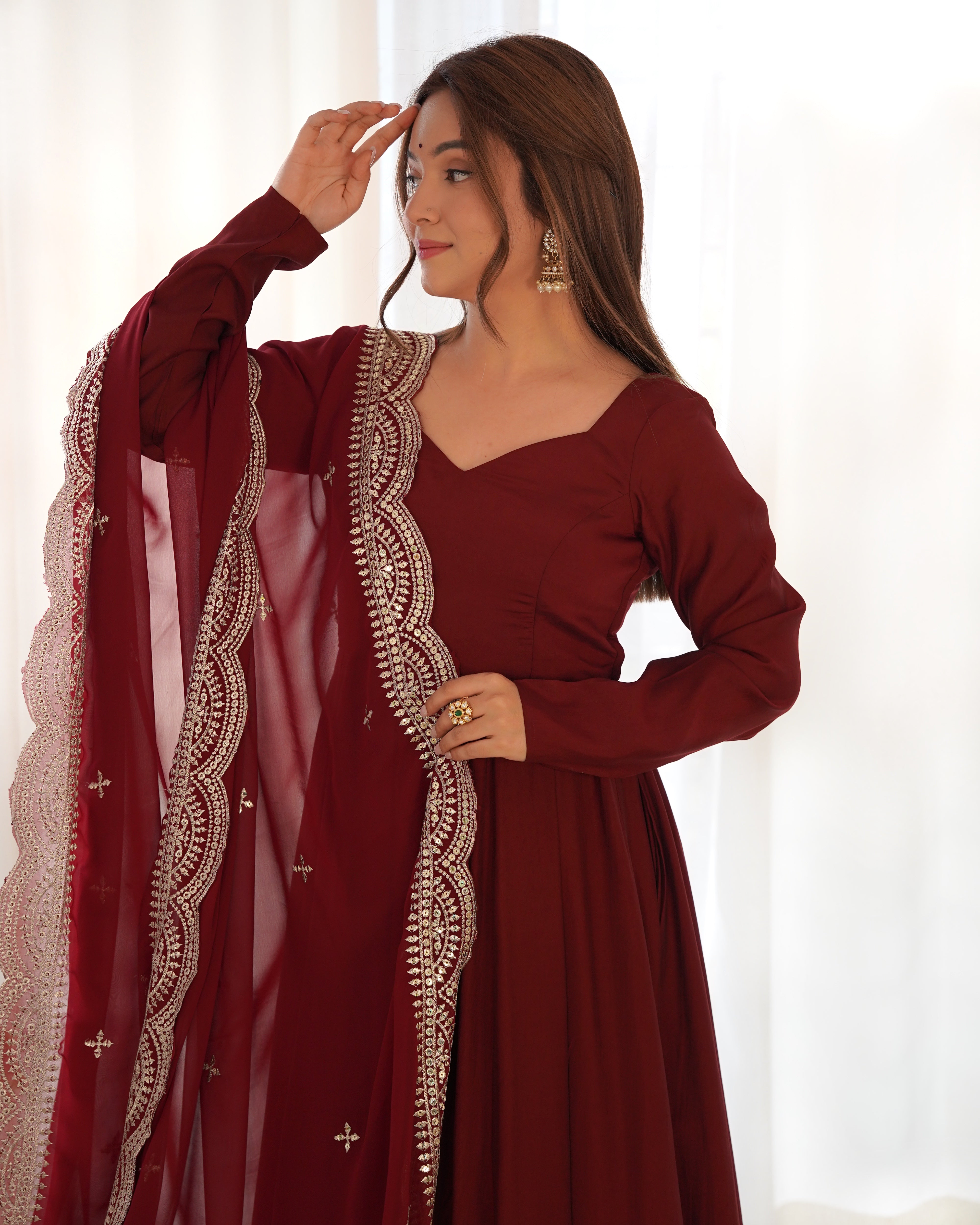 Pure Roman Silk Chanderi Anarkali Gown Set with Dupatta