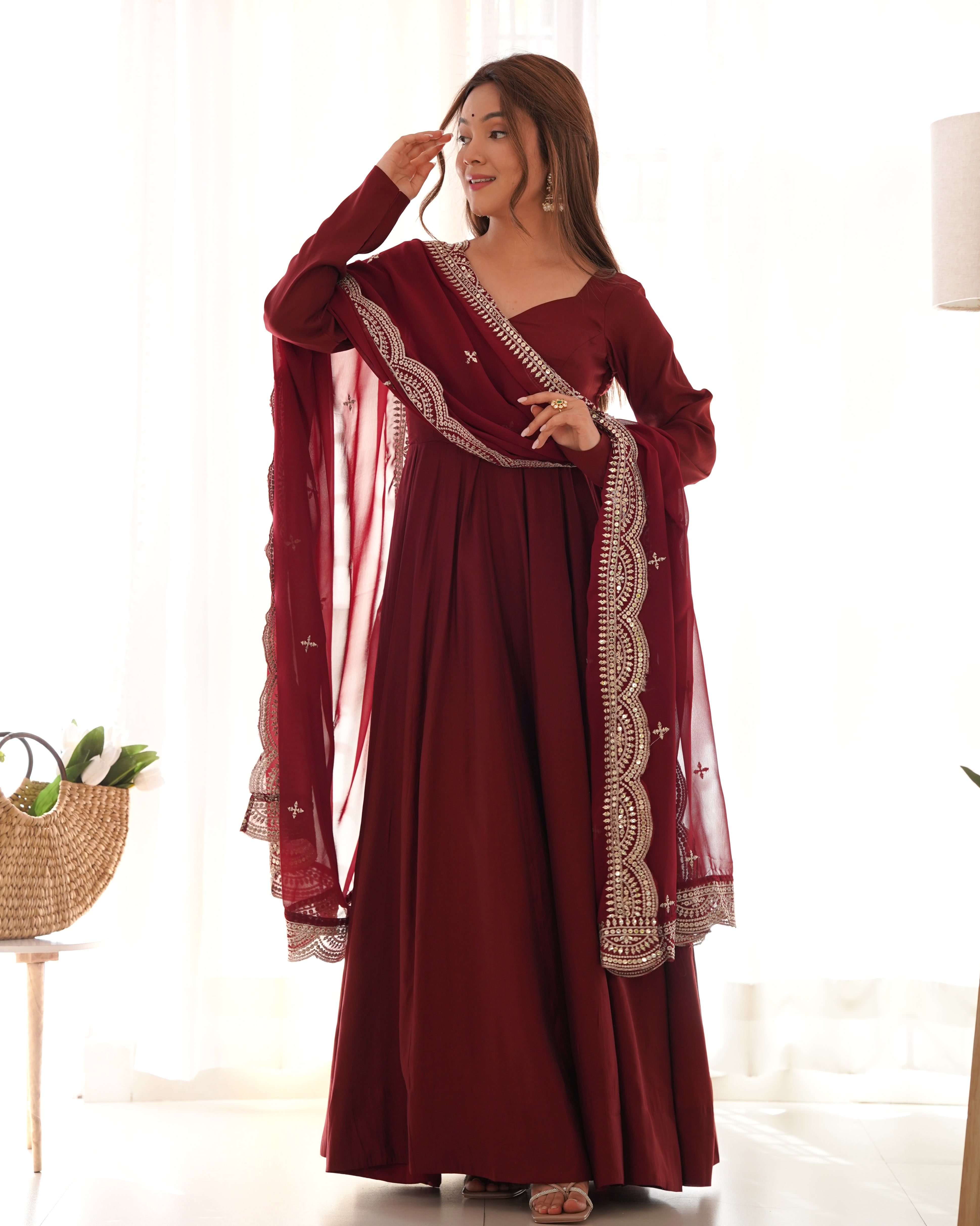 Pure Roman Silk Chanderi Anarkali Gown Set with Dupatta
