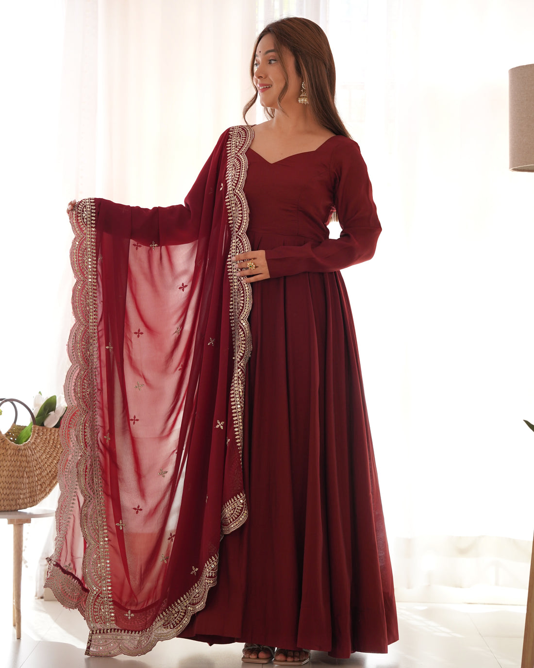 Pure Roman Silk Chanderi Anarkali Gown Set with Dupatta