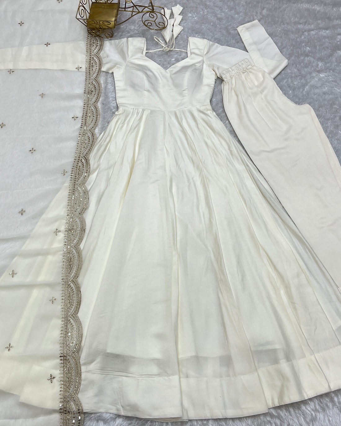 Pure Roman Silk Chanderi Anarkali Gown Set with Dupatta