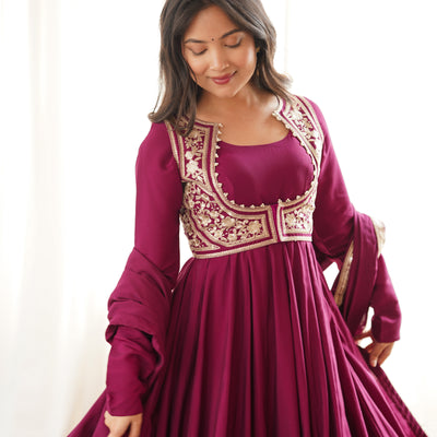 Dark Rani Pink Roman Silk Chanderi Anarkali Suit with Jacket