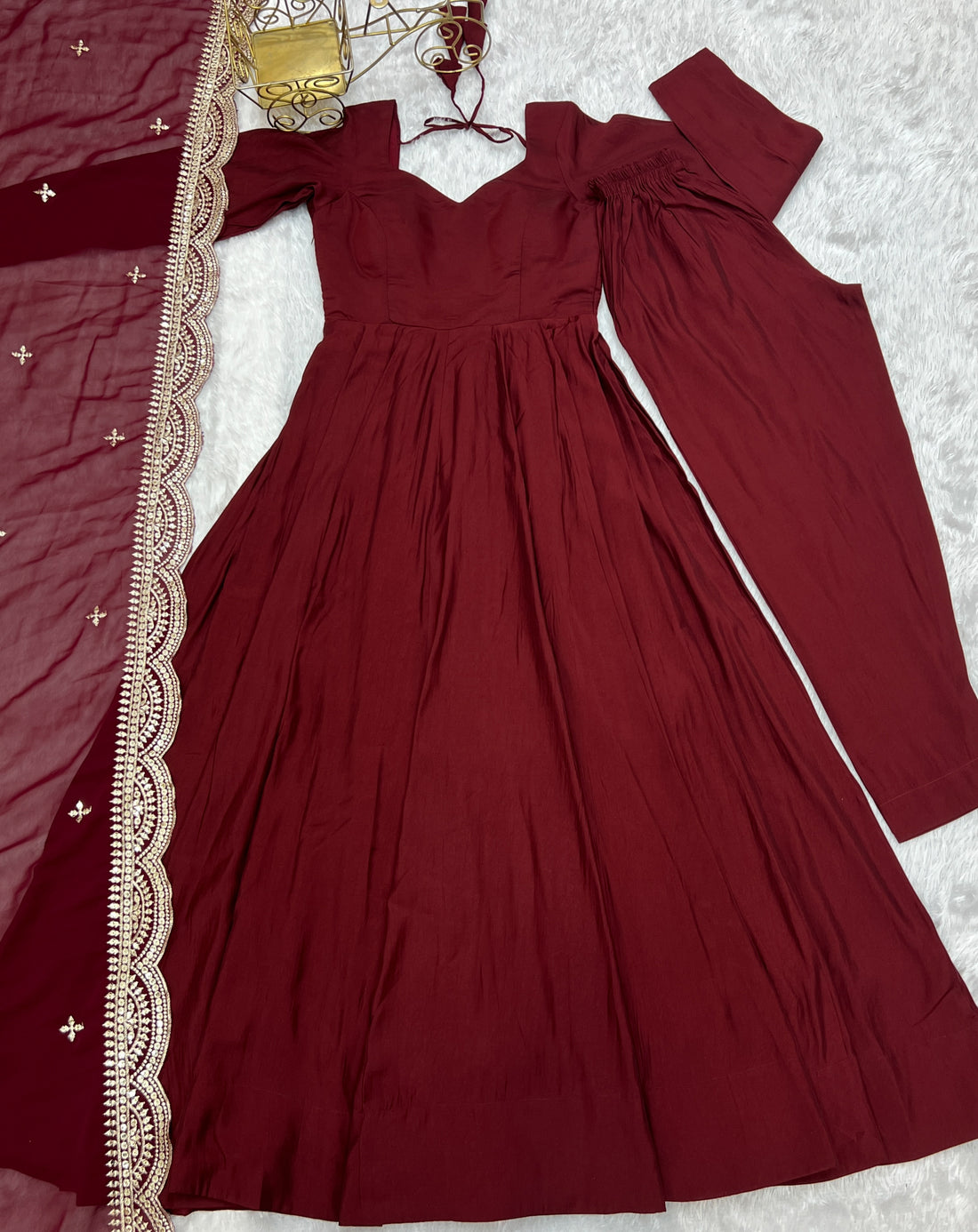 Pure Roman Silk Chanderi Anarkali Gown Set with Dupatta