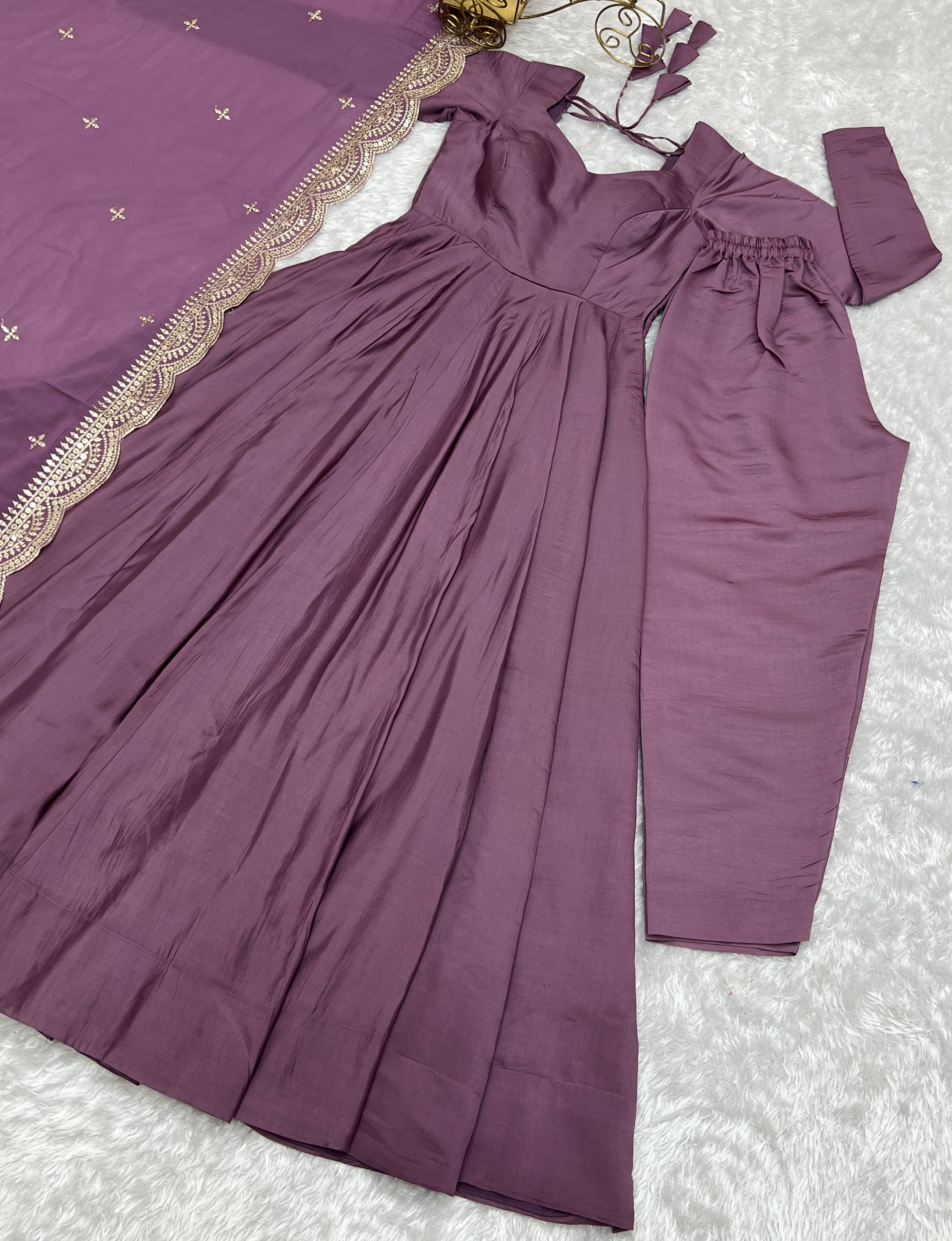 Pure Roman Silk Chanderi Anarkali Gown Set with Dupatta