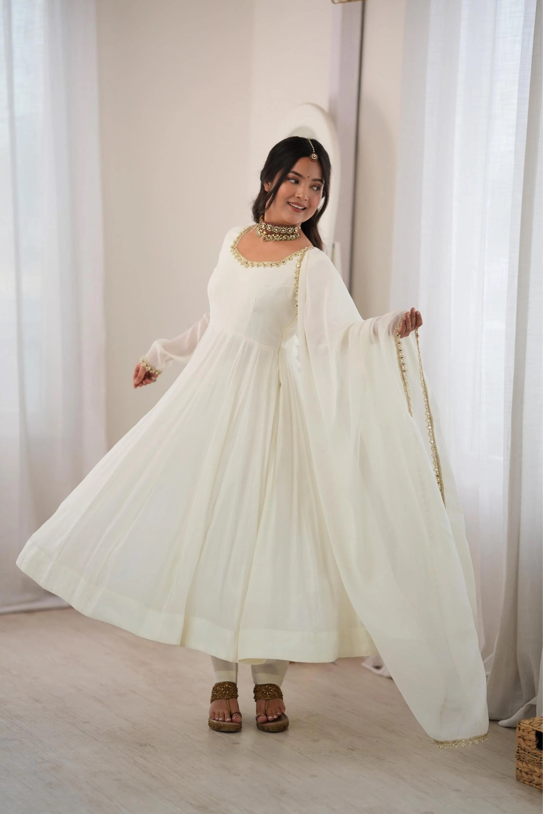 Chanderi Silk Embroidery Party Wear Anarkali Suit Set Stitched