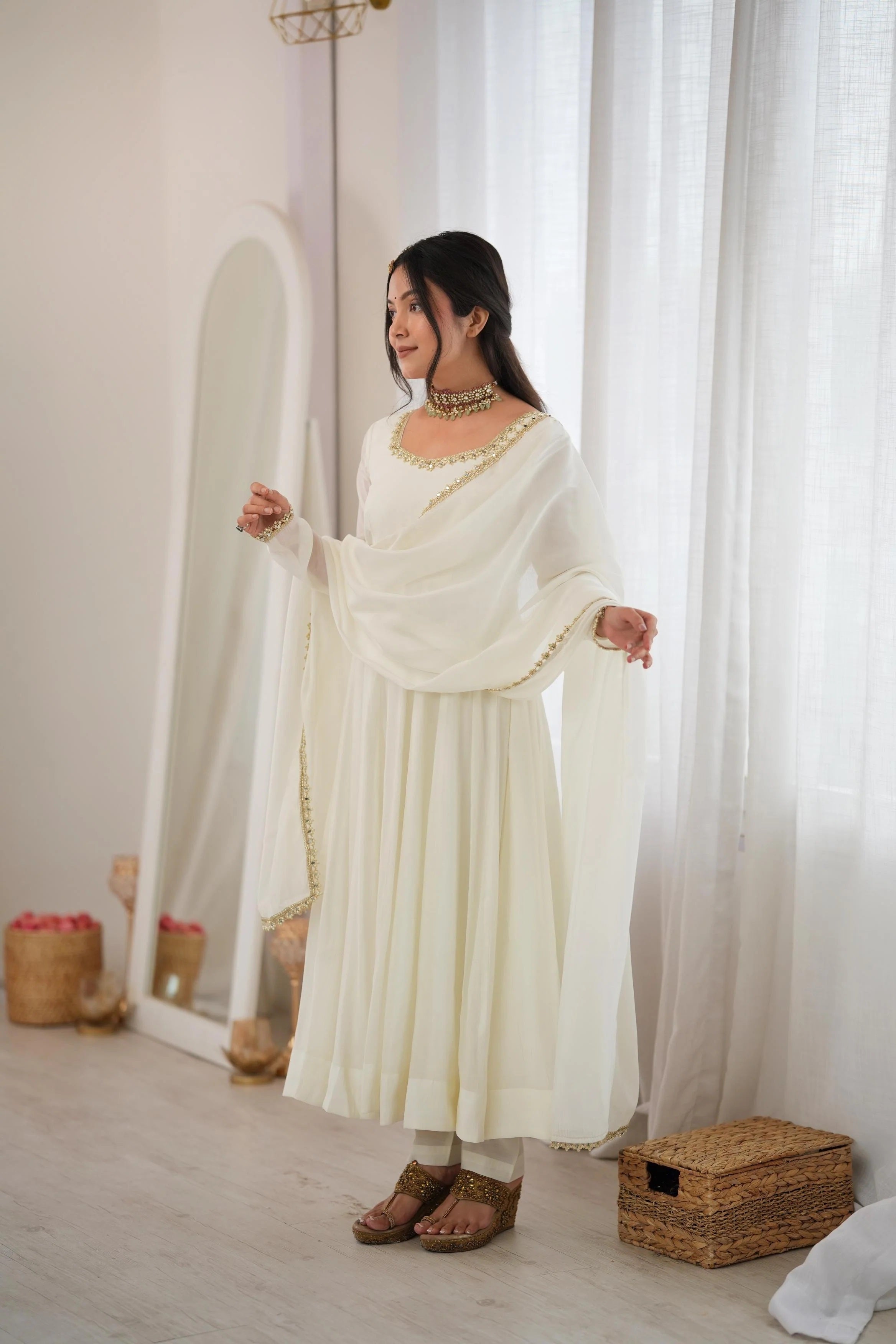 Chanderi Silk Embroidery Party Wear Anarkali Suit Set Stitched
