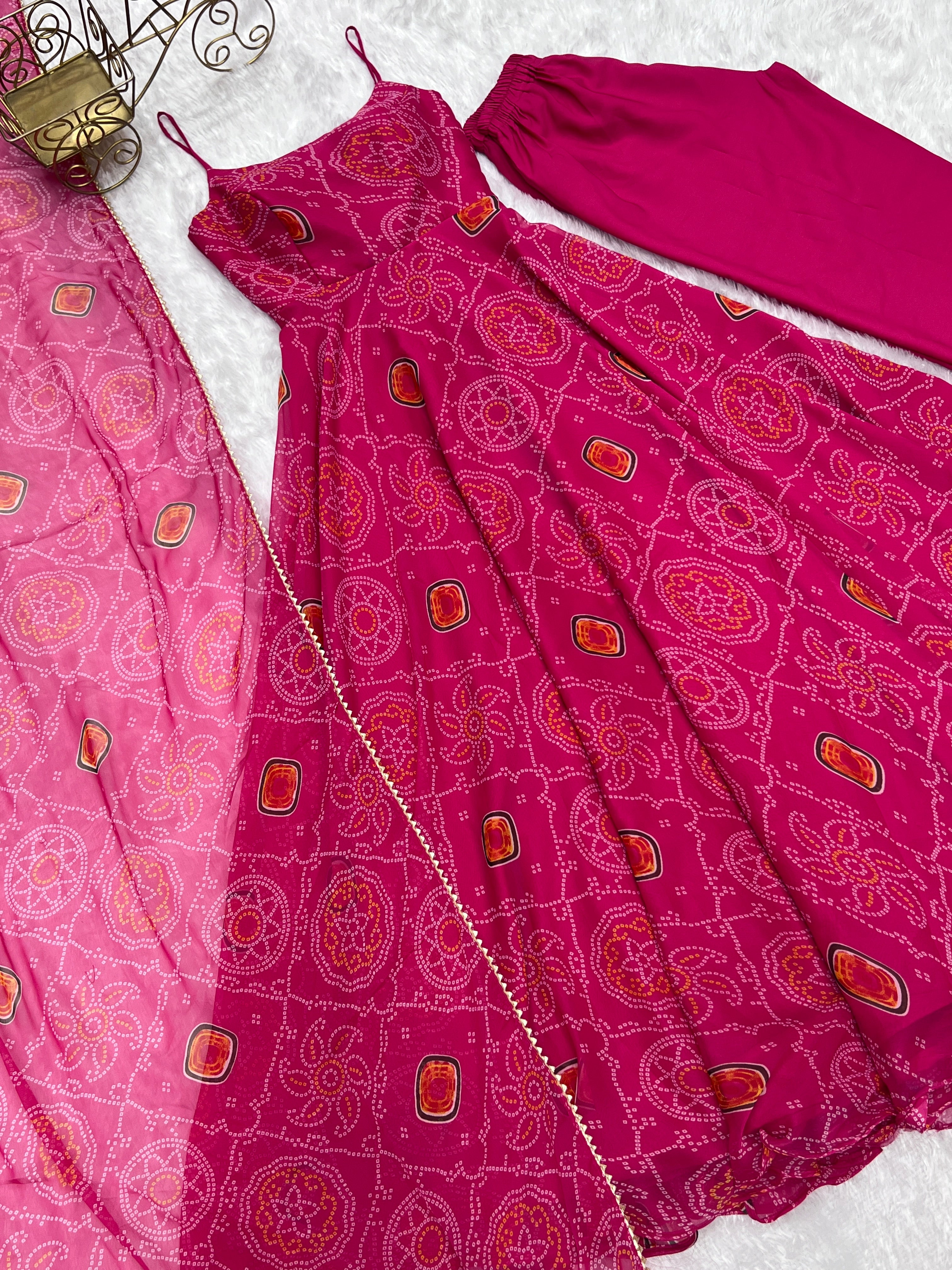 Bandhani Printed Chiffon Anarkali Gown With Dupatta Stitched
