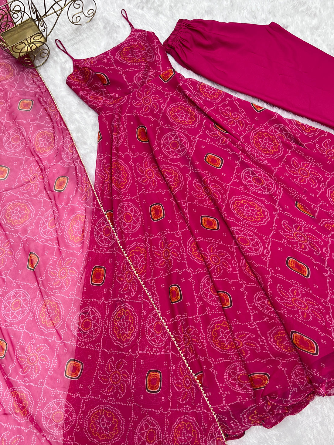 Bandhani Printed Chiffon Anarkali Gown With Dupatta Stitched