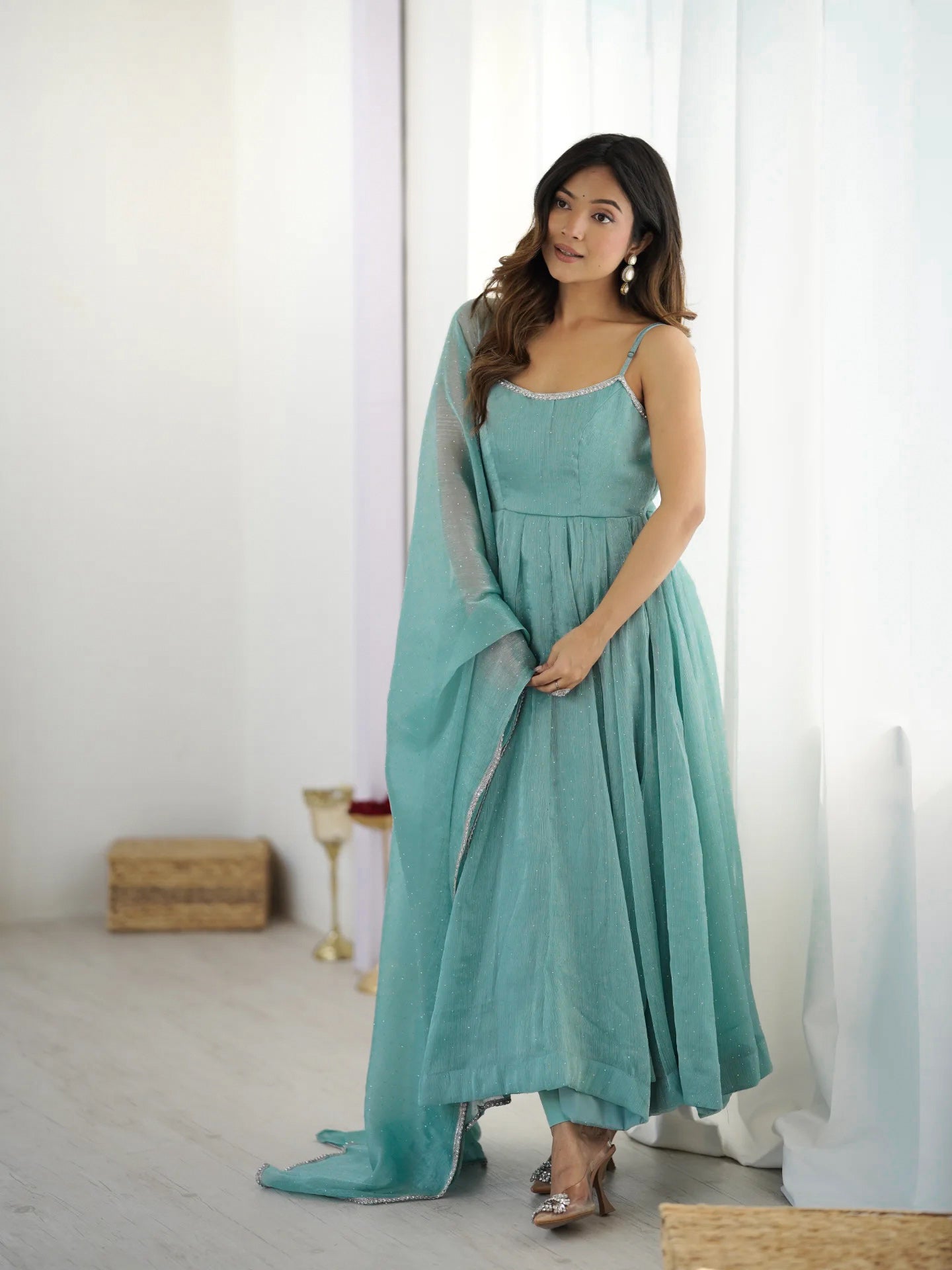 Sky Blue Crunchy Silk Sirozski Embroidered Anarkali Suit with Dupatta