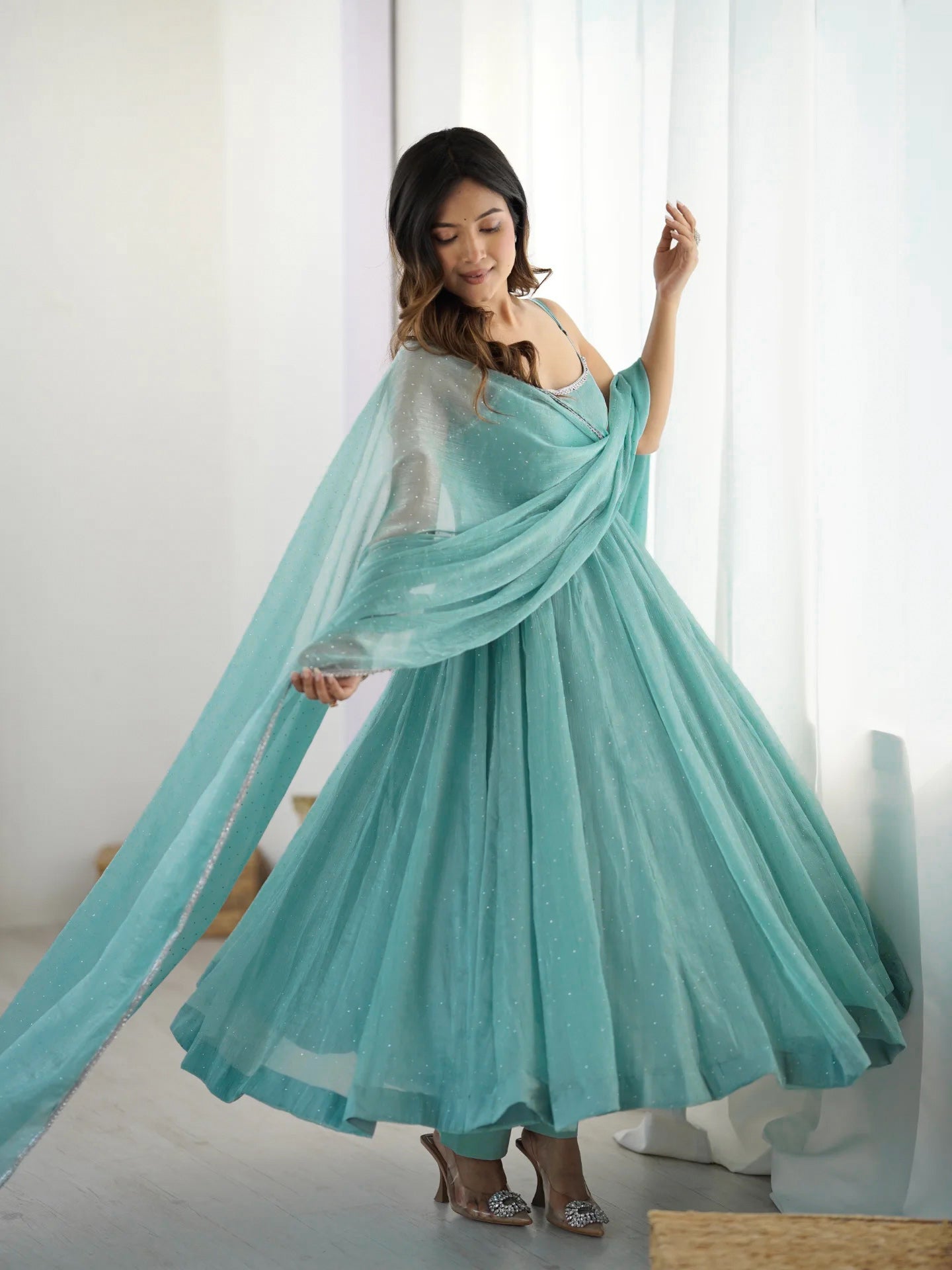 Sky Blue Crunchy Silk Sirozski Embroidered Anarkali Suit with Dupatta
