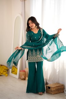 Crunchy Silk Embroidery Sequin & Zari Work Kurti With Flared Sharara & Dupatta Set