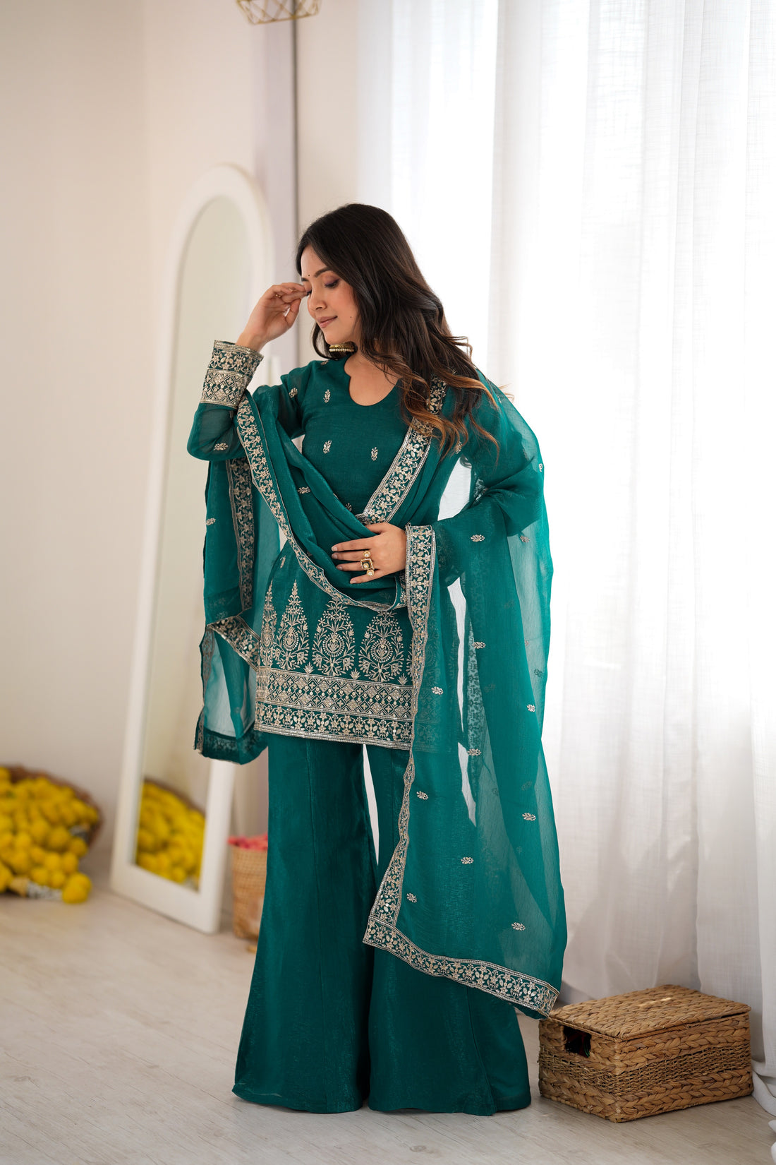 Crunchy Silk Embroidery Sequin & Zari Work Kurti With Flared Sharara & Dupatta Set