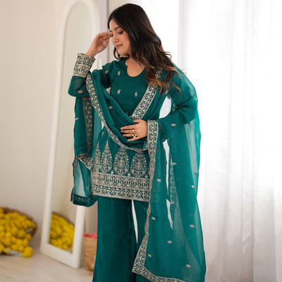 Crunchy Silk Embroidery Sequin & Zari Work Kurti With Flared Sharara & Dupatta Set