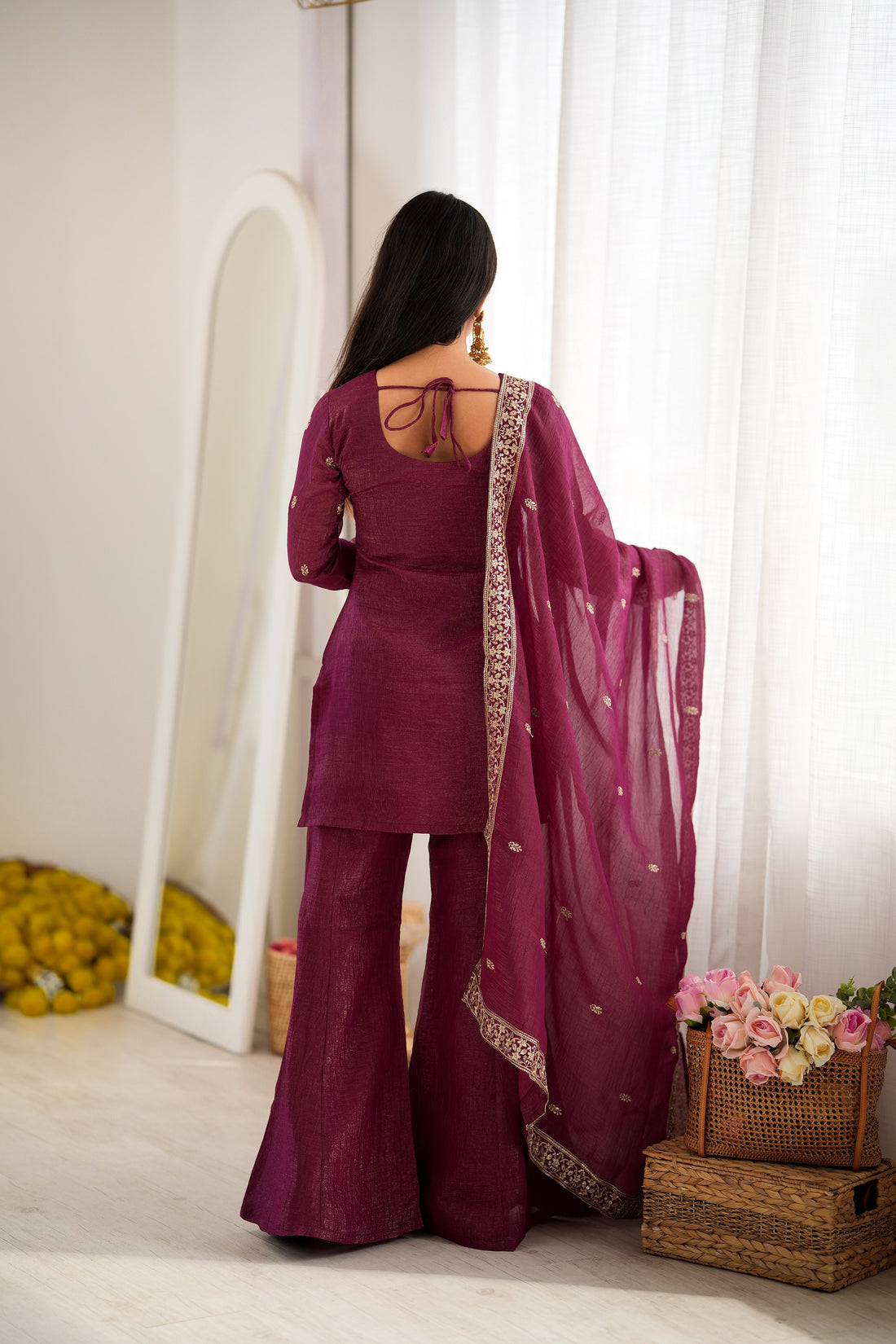 Crunchy Silk Embroidery Sequin & Zari Work Kurti With Flared Sharara & Dupatta Set