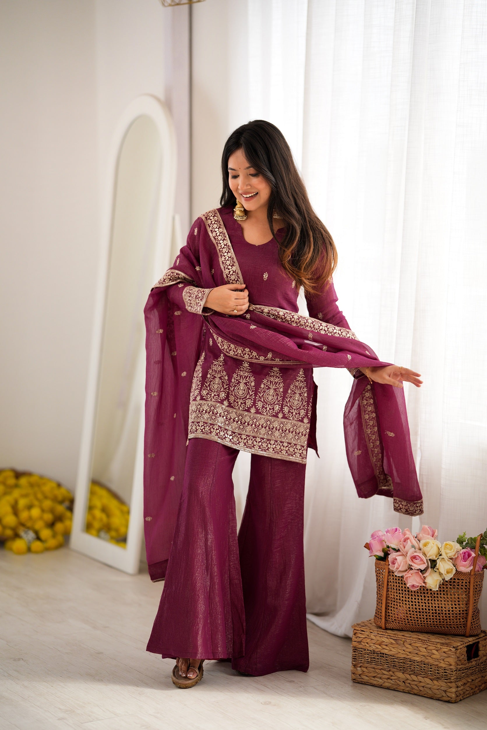 Crunchy Silk Embroidery Sequin & Zari Work Kurti With Flared Sharara & Dupatta Set