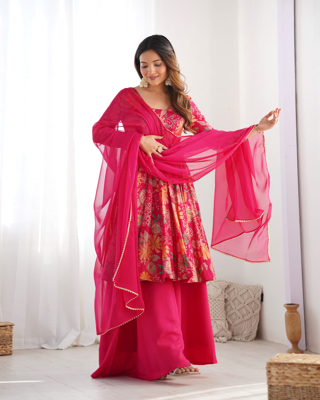 Rani Pink Roman Silk Chanderi Floral Printed Kediya Style Kurta Palazzo Set with Dupatta