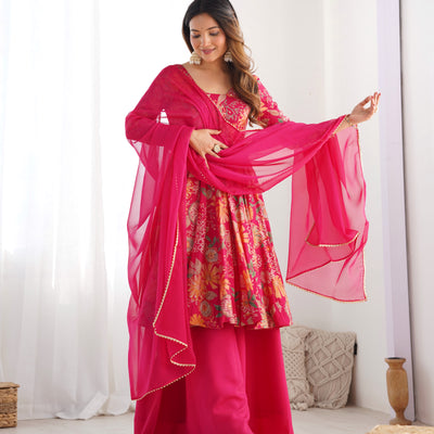 Rani Pink Roman Silk Chanderi Floral Printed Kediya Style Kurta Palazzo Set with Dupatta