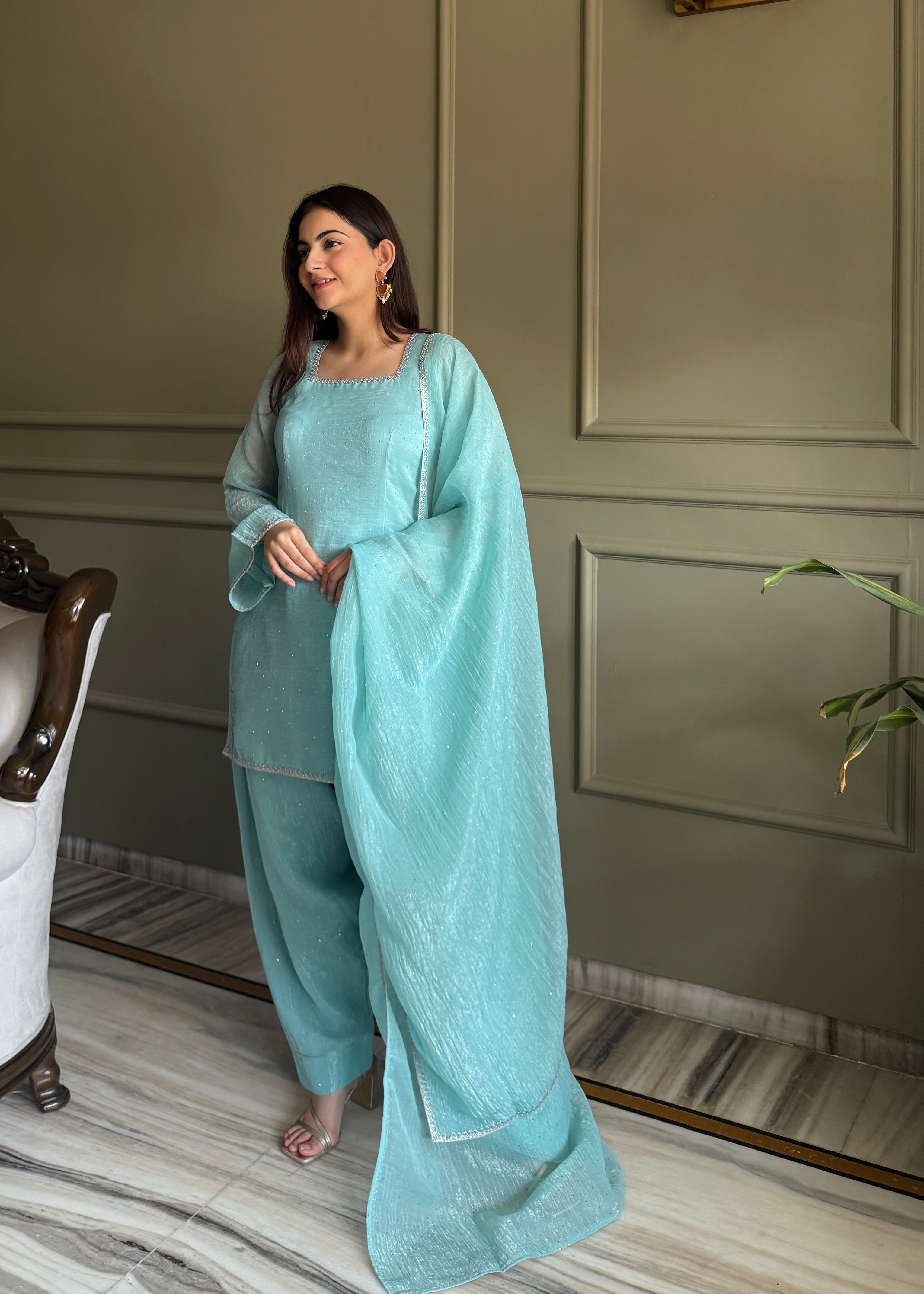 Crunchy Silk Farshi Salwar Suit with Fancy Lace and Dupatta