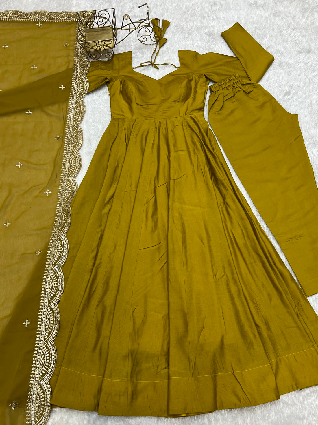 Pure Roman Silk Chanderi Anarkali Gown Set with Dupatta