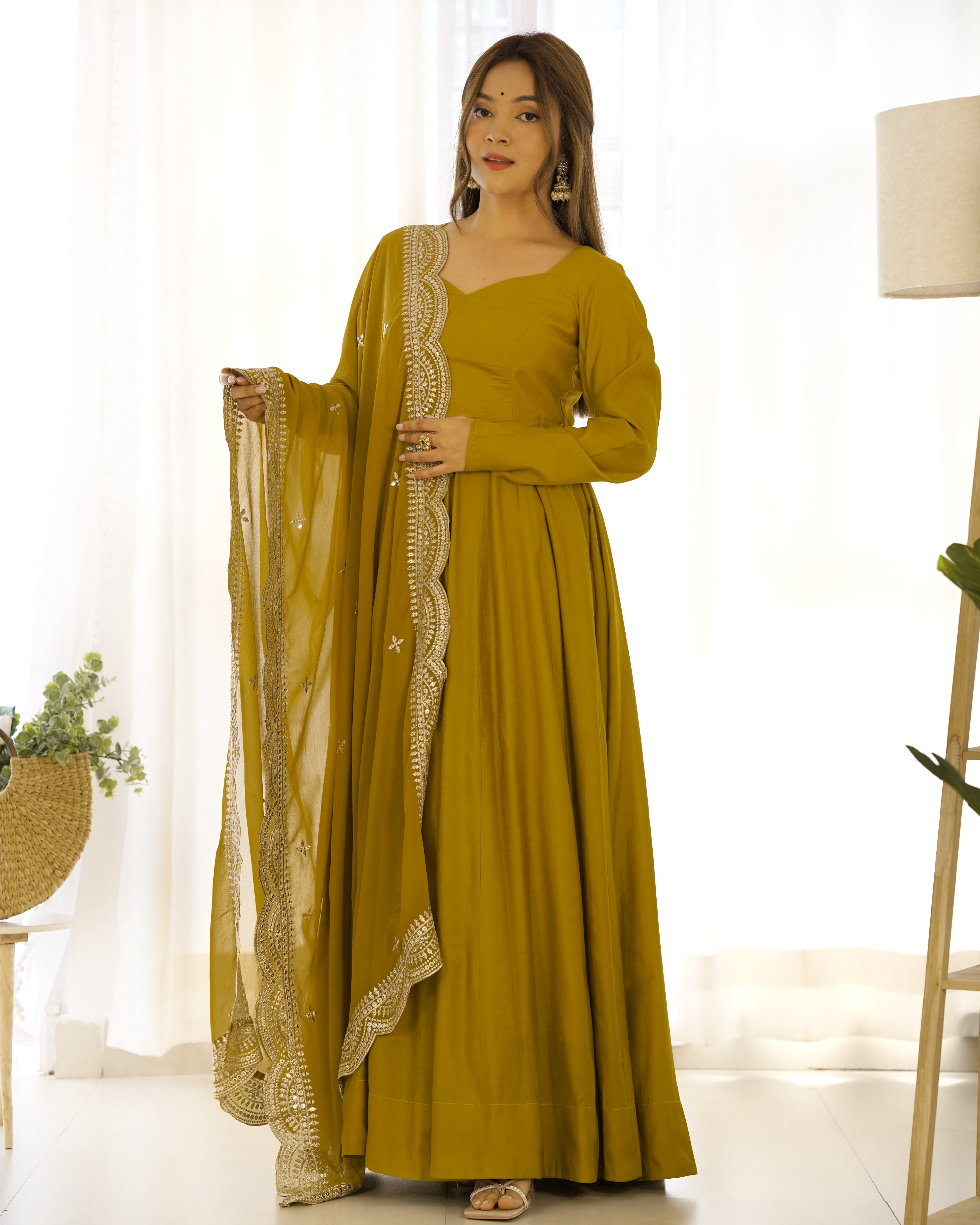 Pure Roman Silk Chanderi Anarkali Gown Set with Dupatta