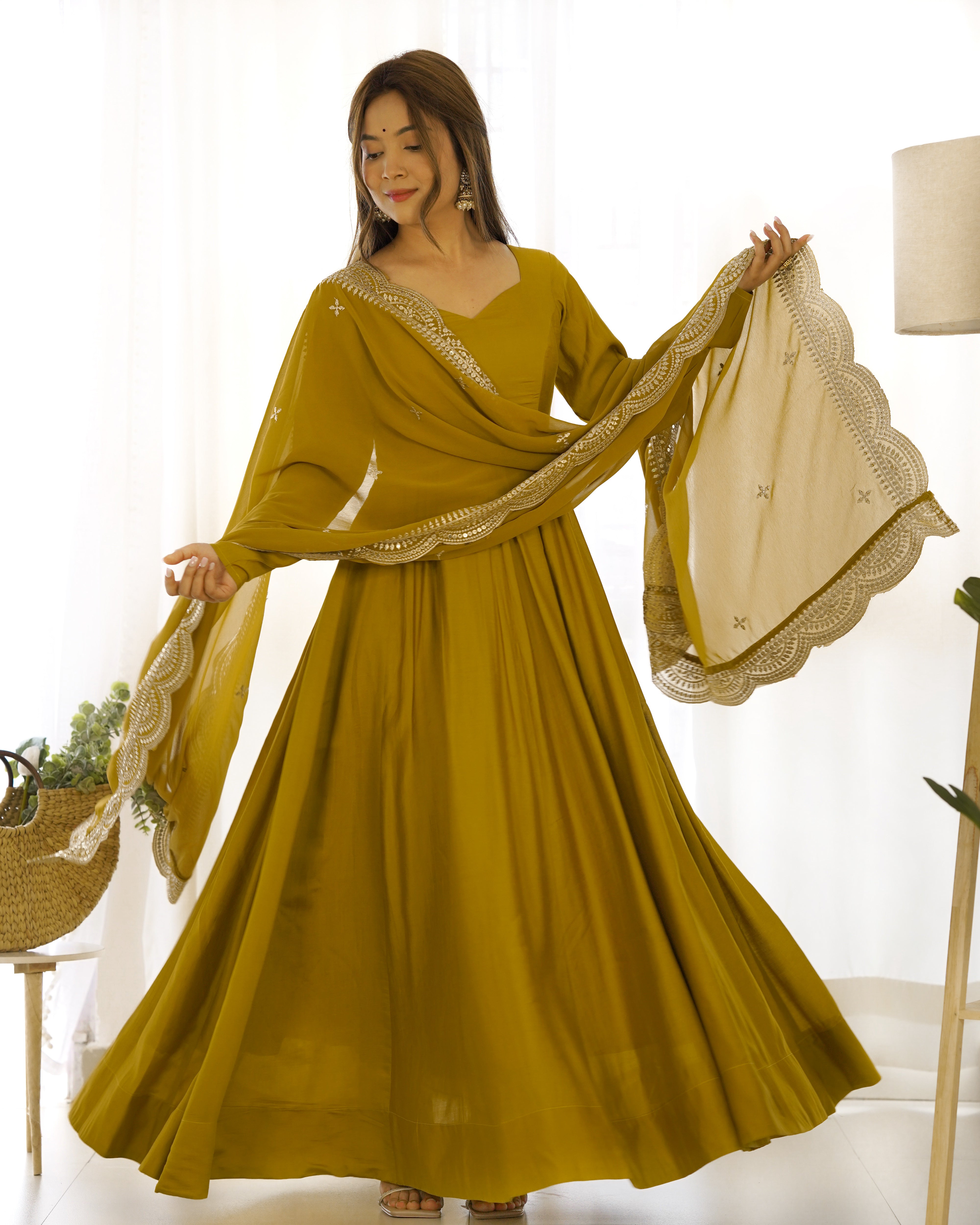 Pure Roman Silk Chanderi Anarkali Gown Set with Dupatta