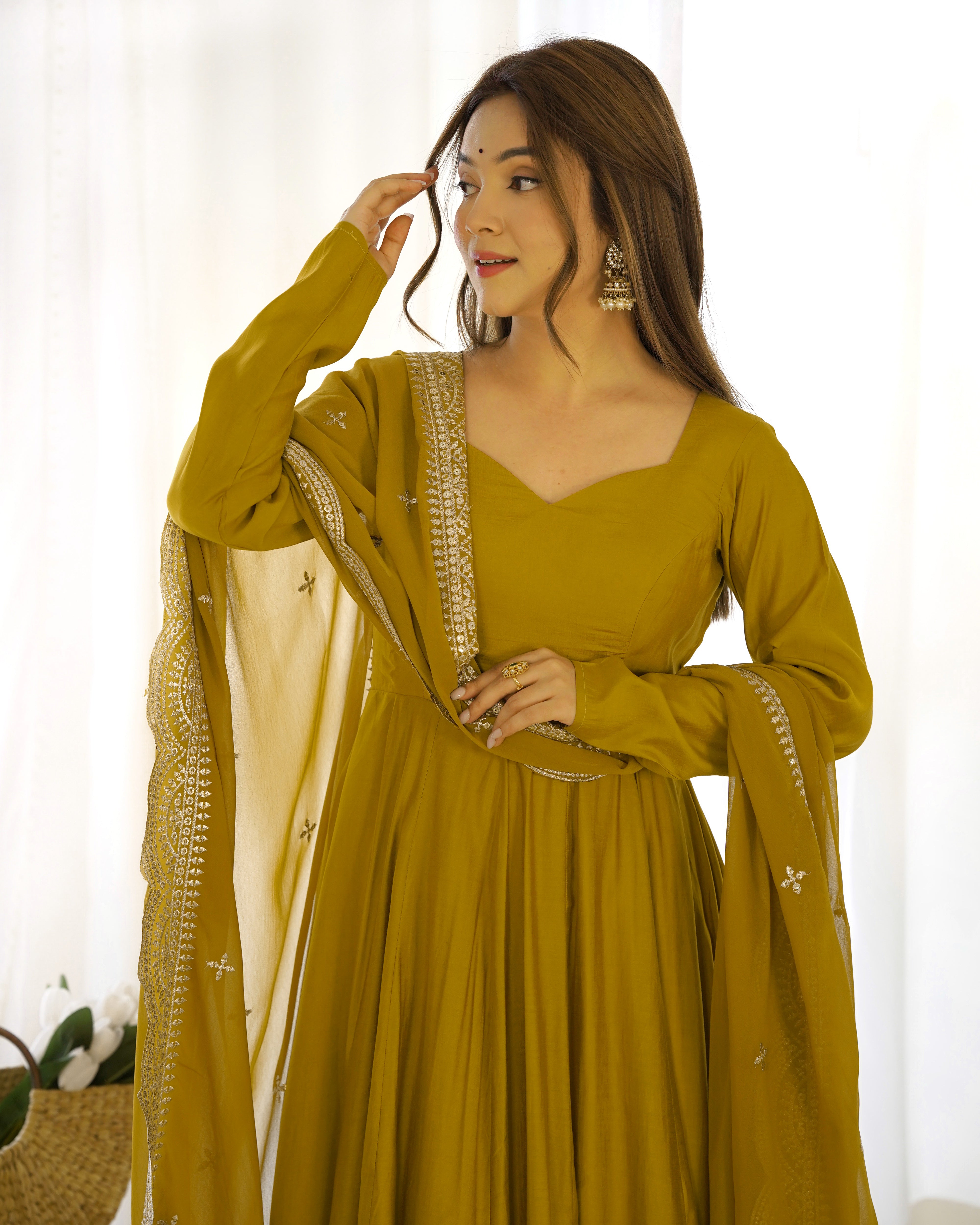 Pure Roman Silk Chanderi Anarkali Gown Set with Dupatta