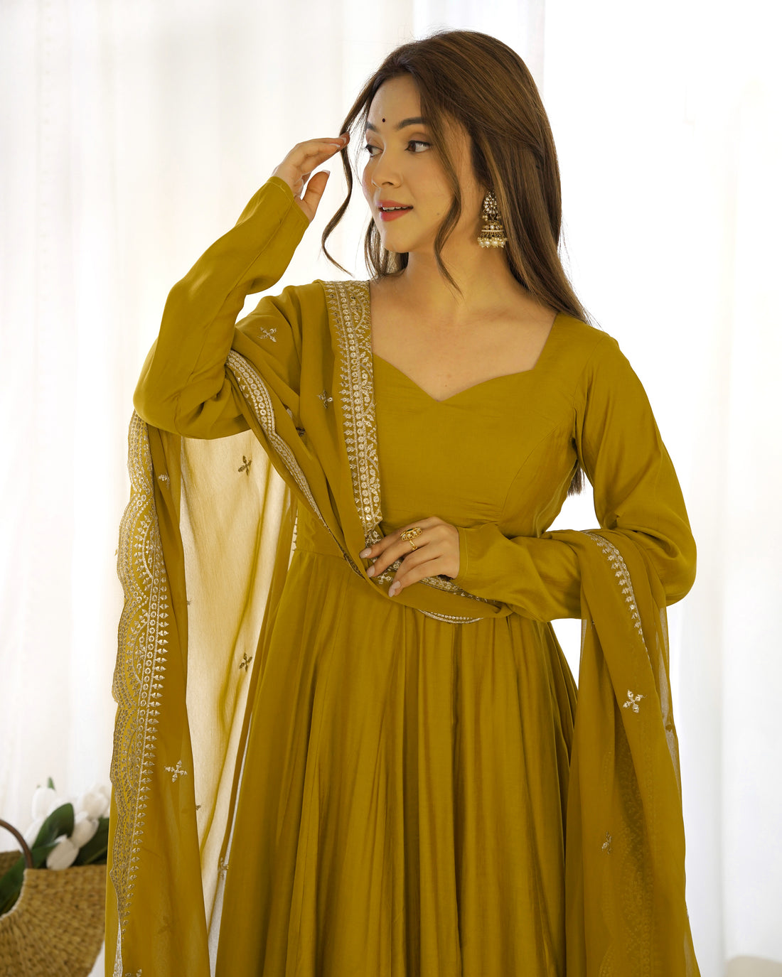 Pure Roman Silk Chanderi Anarkali Gown Set with Dupatta