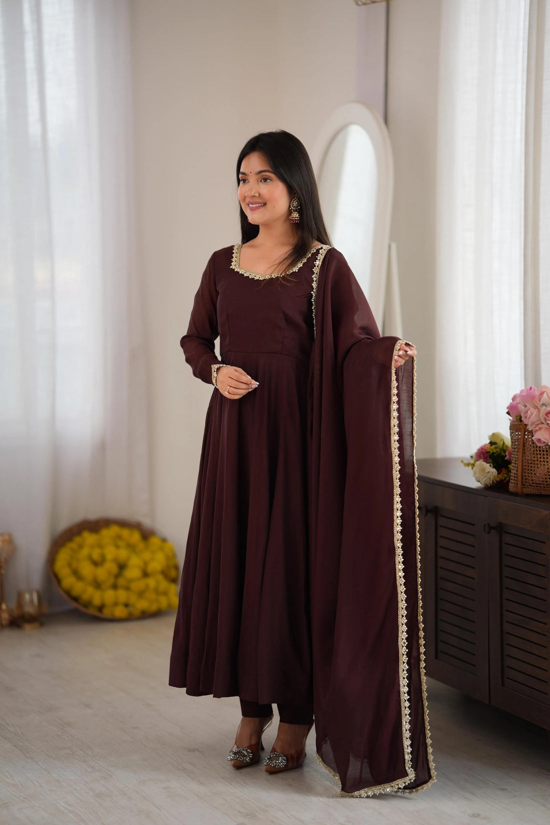 Chanderi Silk Embroidery Party Wear Anarkali Suit Set Stitched