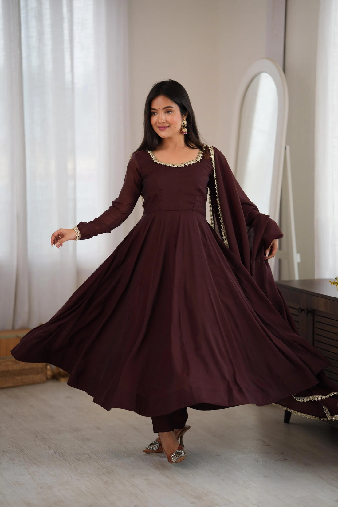 Chanderi Silk Embroidery Party Wear Anarkali Suit Set Stitched