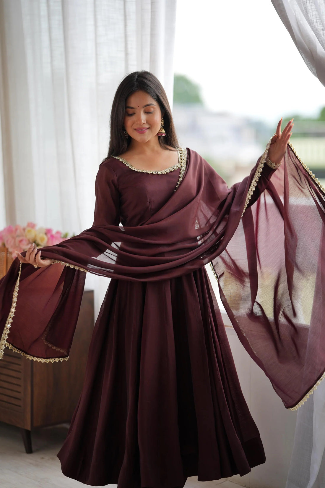 Chanderi Silk Embroidery Party Wear Anarkali Suit Set Stitched