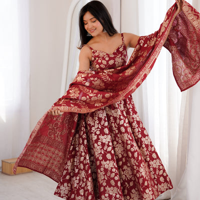 Maroon Banarasi Jacquard Dola Silk Anarkali Suit Set