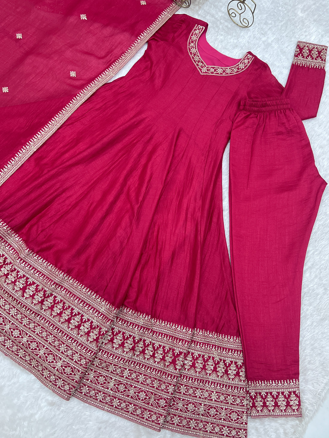 Rani Pink Vichitra Silk Embroidered Anarkali Suit Set with Dupatta
