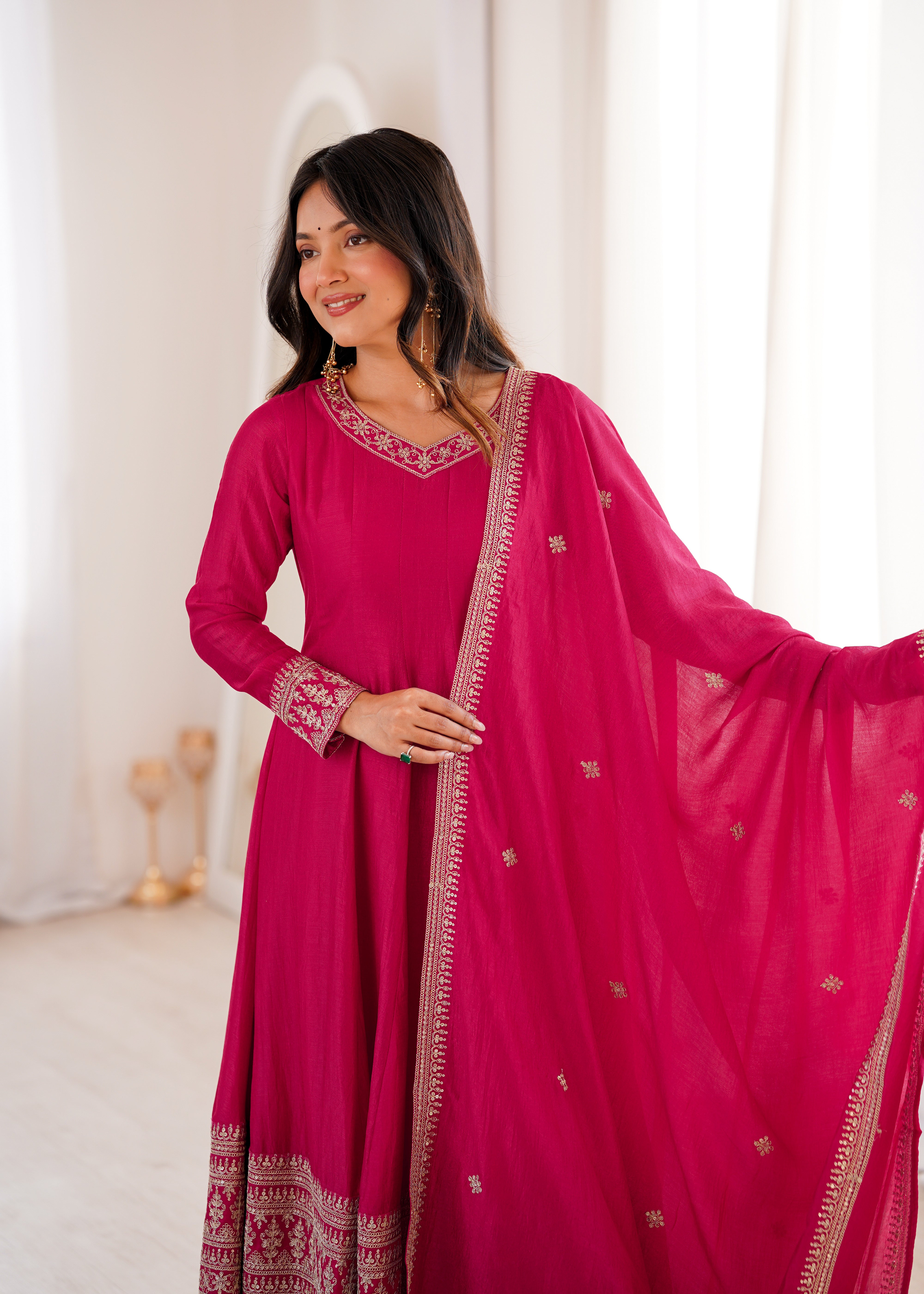 Rani Pink Vichitra Silk Embroidered Anarkali Suit Set with Dupatta