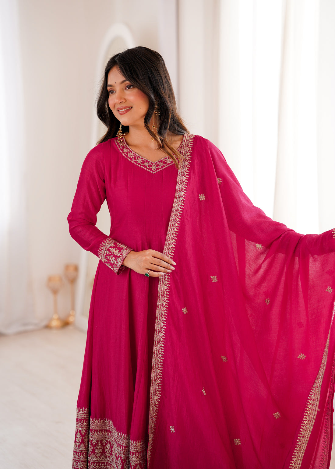 Rani Pink Vichitra Silk Embroidered Anarkali Suit Set with Dupatta