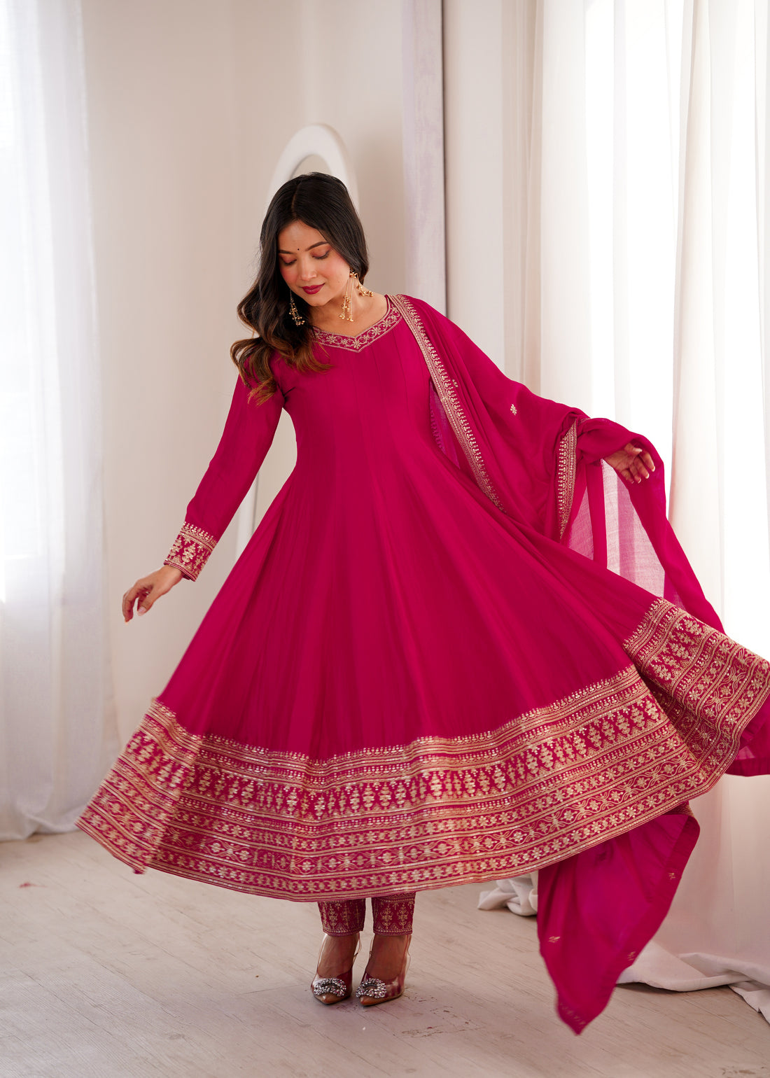 Rani Pink Vichitra Silk Embroidered Anarkali Suit Set with Dupatta