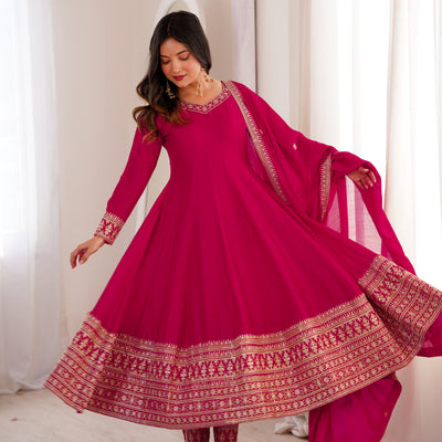 Rani Pink Vichitra Silk Embroidered Anarkali Suit Set with Dupatta