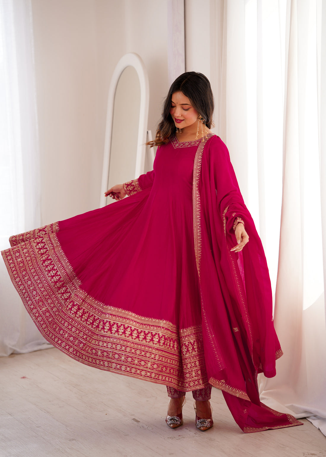 Rani Pink Vichitra Silk Embroidered Anarkali Suit Set with Dupatta