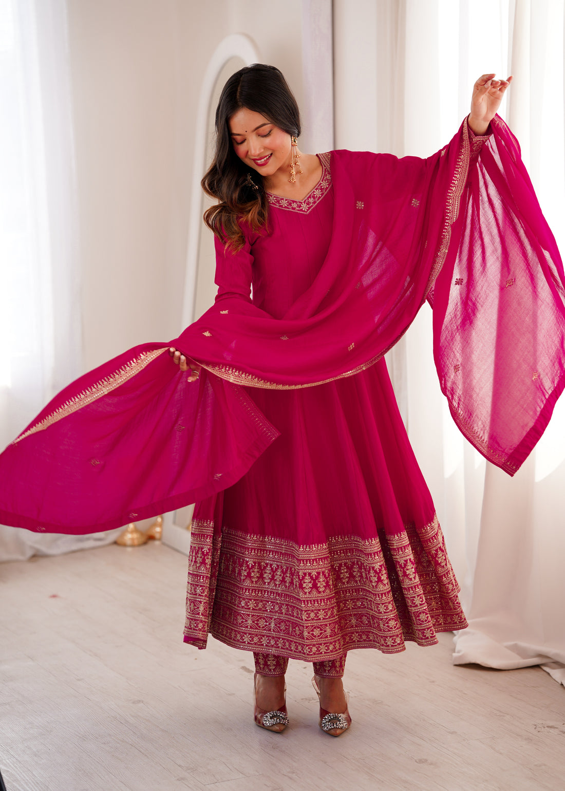 Rani Pink Vichitra Silk Embroidered Anarkali Suit Set with Dupatta